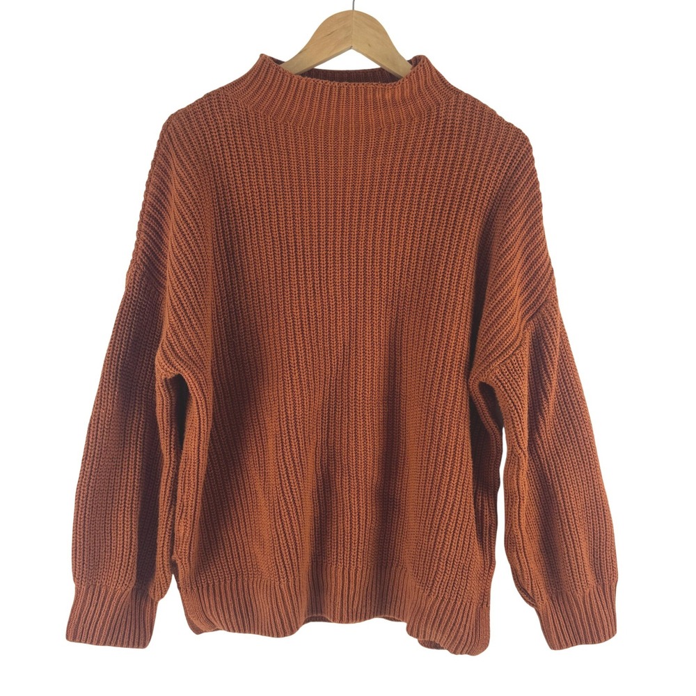 Cupcakes and Cashmere Burnt Orange Chunky Ribbed Mock Neck Cotton Sweater L